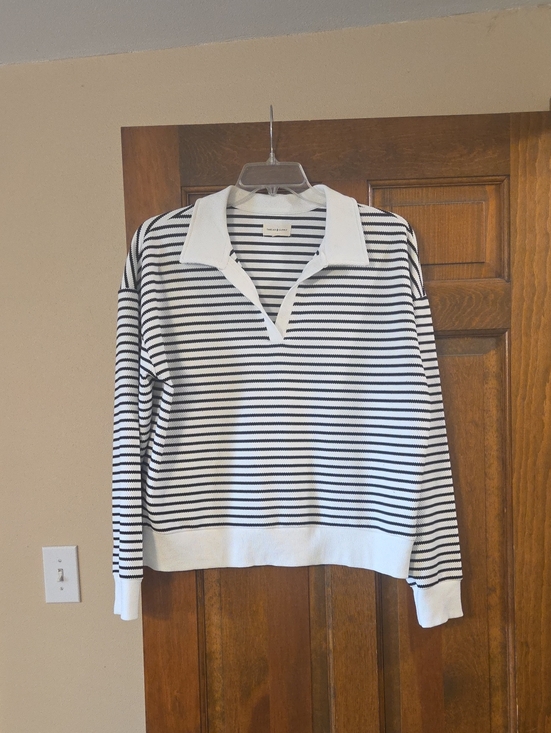Thread & Supply Sweaters - Thread & Supply Black and White Striped V-Neck Collared Sweater